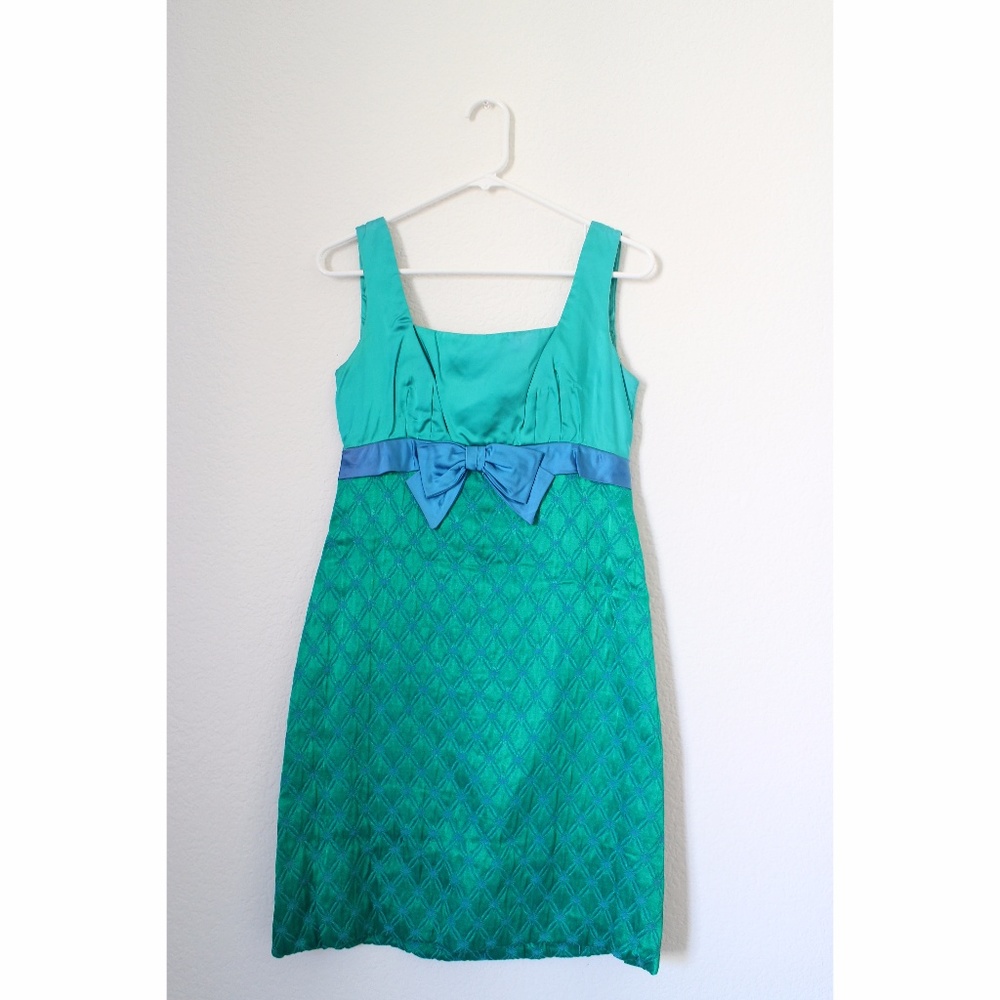 Peacock Blue Satin Dress Blue Bow Vintage Dress XS